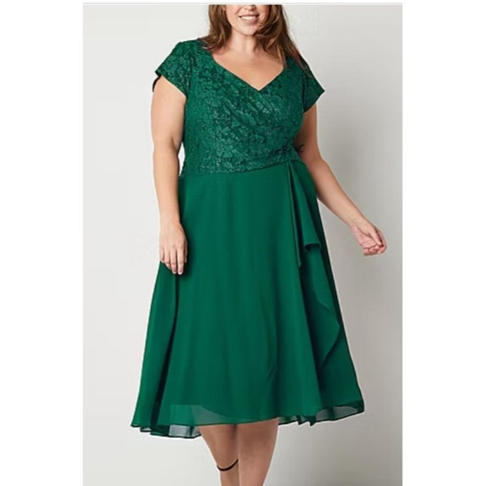 NWT Danny & Nicole Party Midi Dress Hunter Green Lace & Chiffon Fit & Flare 22W